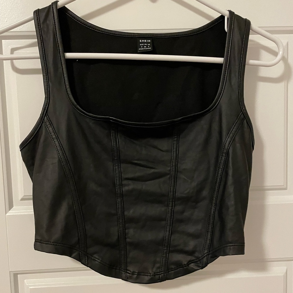 Corset style stretch vinyl black tank